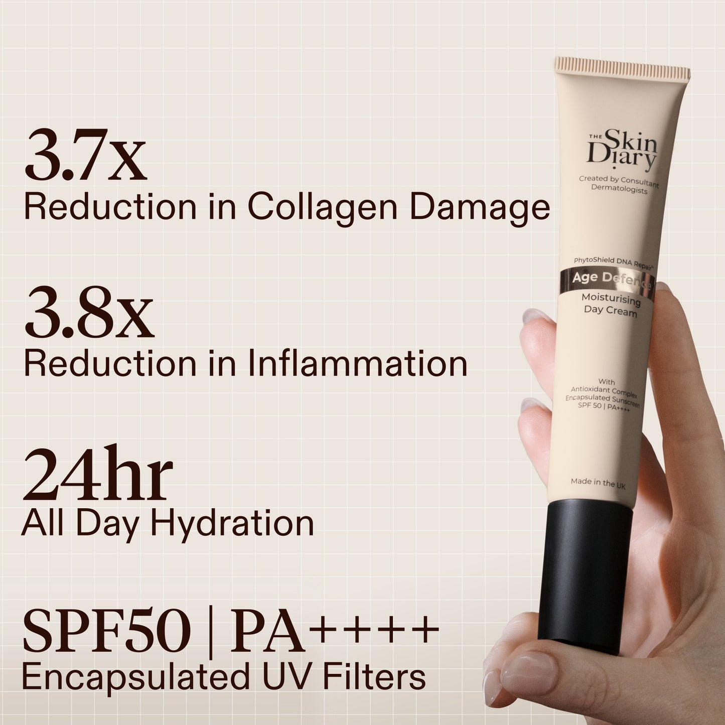 A hand holding a tube of The Skin Diary Age Defrnce Moisturising Day Cream against a light beige background with  text highlighting collagen, inflammation, hydration, and SPF50 protection.