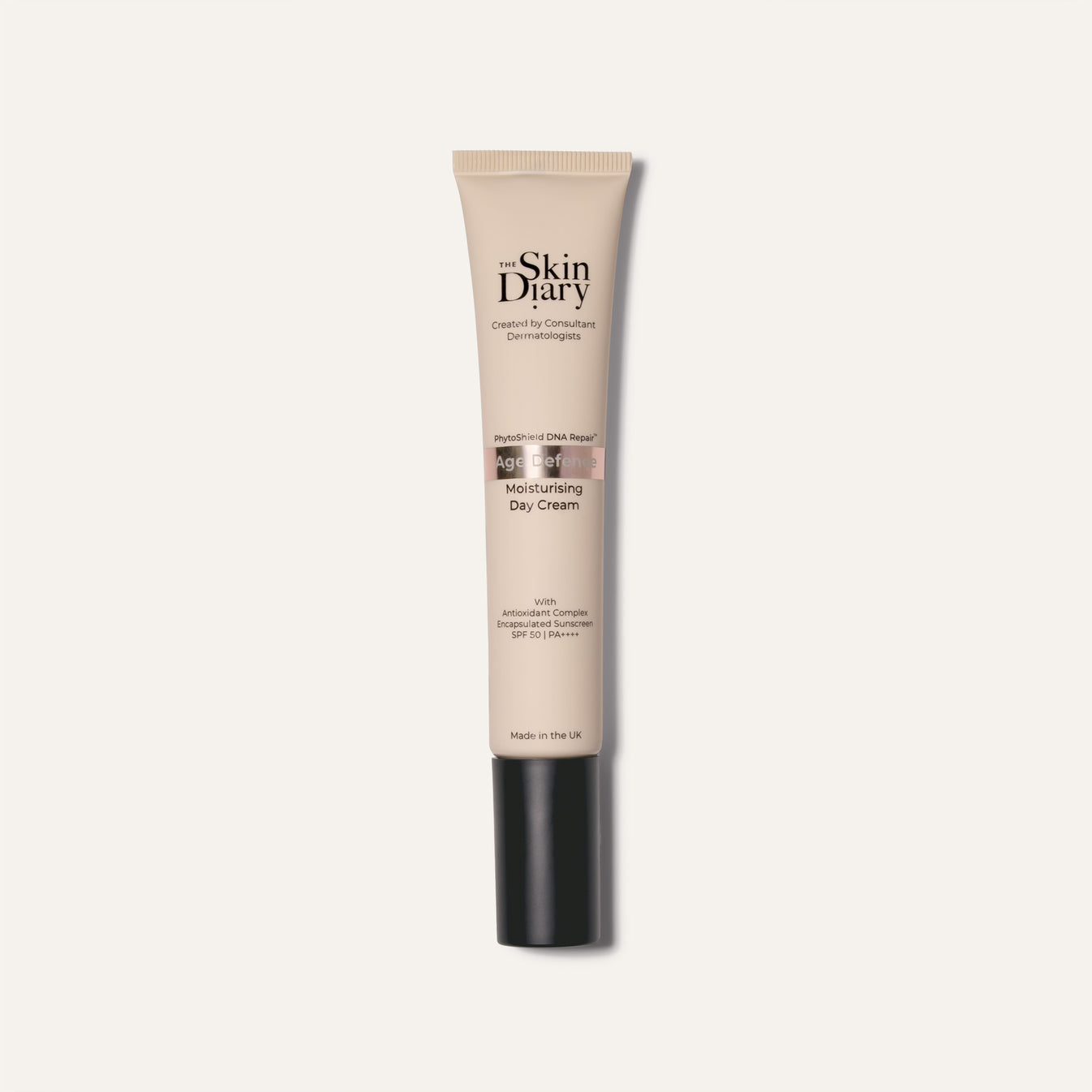 A tube of The Skin Diary Moisturising Day Cream on a clean white background. The tube is beige with a black cap, and the brand name 'The Skin Diary' is printed in black on the front.