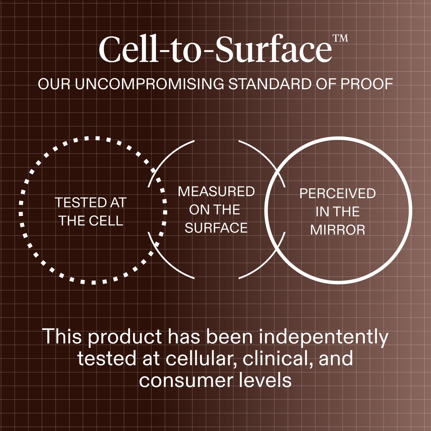 A dark brown graphic communicating The Skin Diary 'Cell-to-Surface' standard. 'Tested at the Cell', 'Measured on the Surface', and 'Perceived in the Mirror'. The product was tested by all three tiers