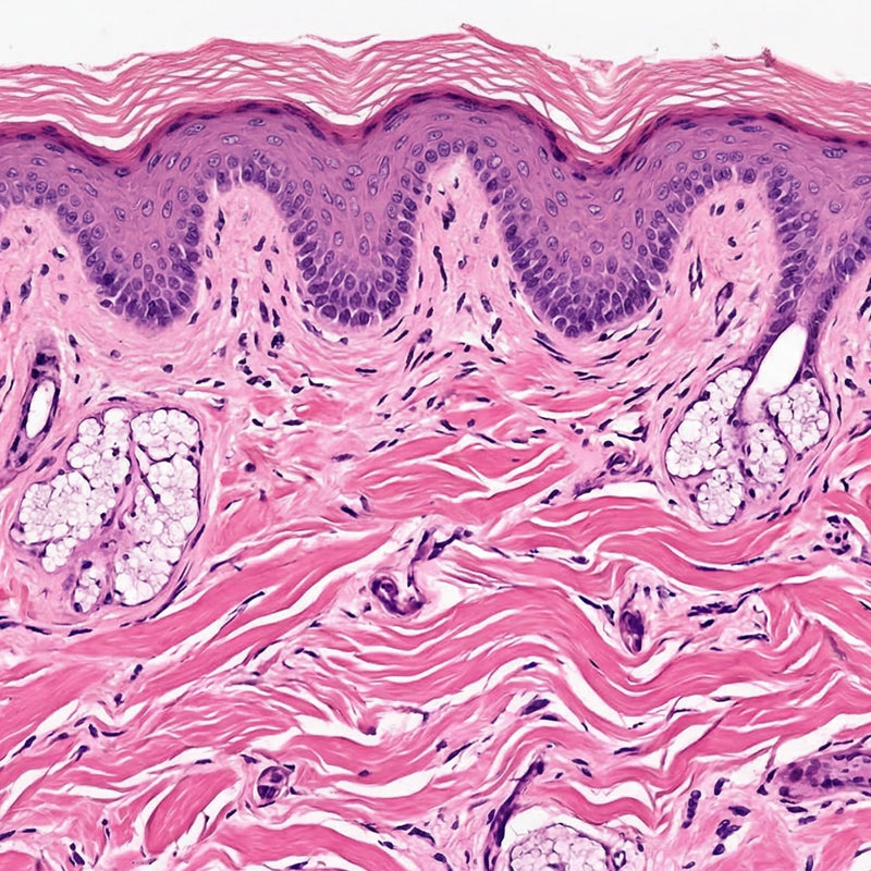 Simulation of healthy skin histology using H&E staining, showing intact scaffolding of collagen, fibrillin and elastic fibres