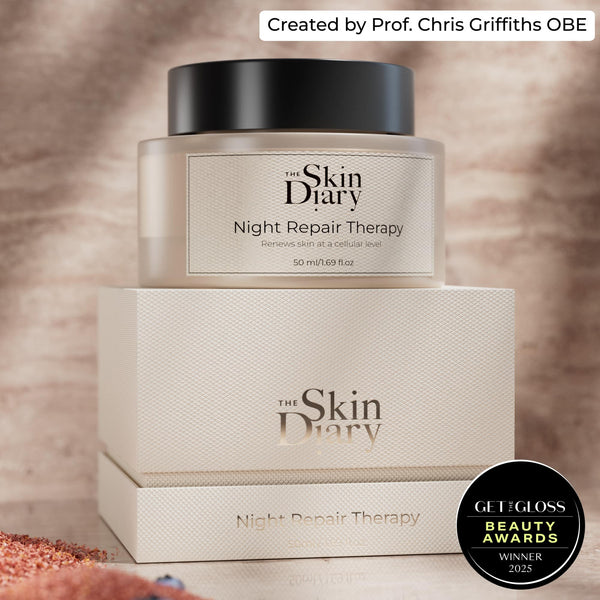The Skin Diary Night Repair Therapy jar and box on a textured background with GET THE GLOSS BEAUTY AWARDS 2025 badge.